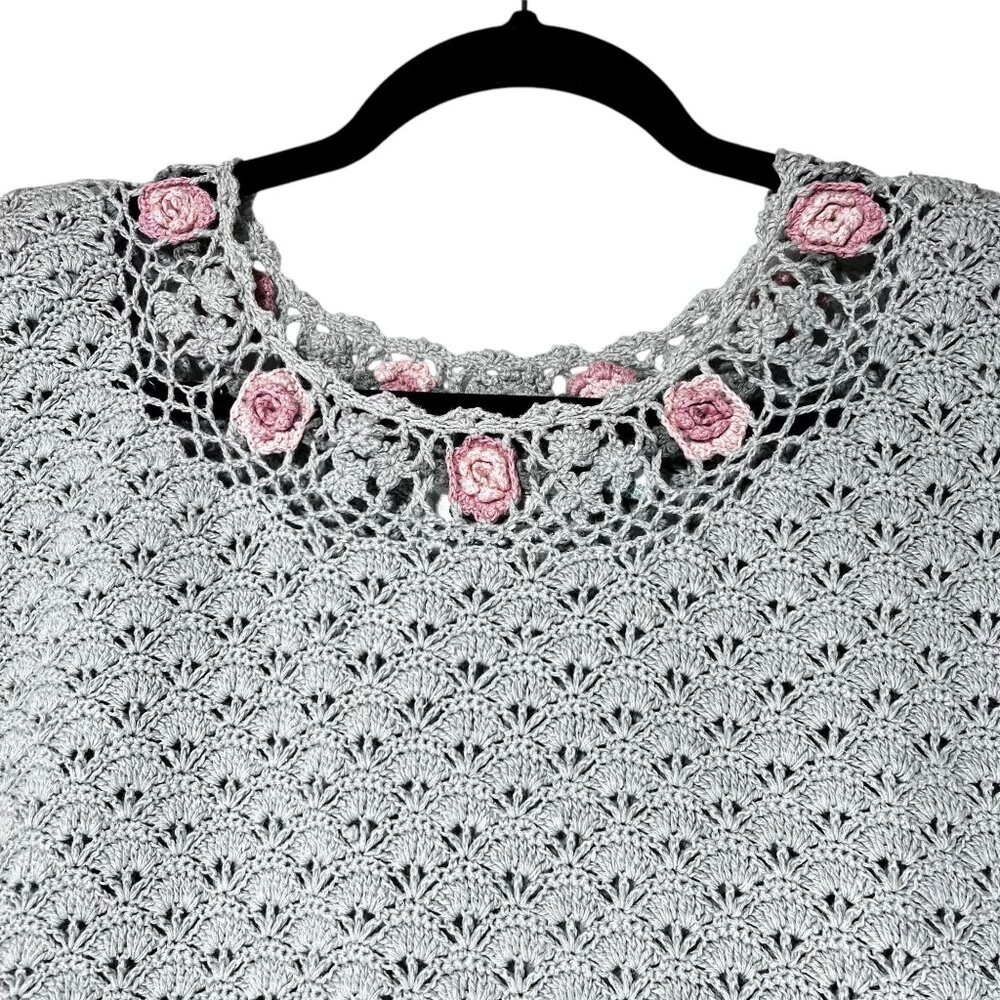 Vintage Handmade Crochet Green Tunic Sweater Pink Roses Colleens Collectables - Picture 2 of 13